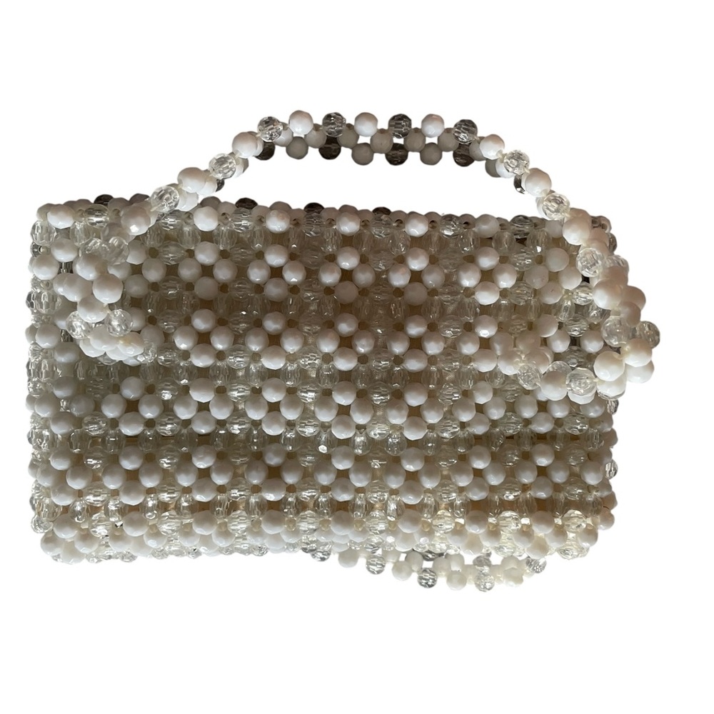 Vintage 1960s white/clear lucite beaded woven satchel handbag boho mod retro - Picture 2 of 10